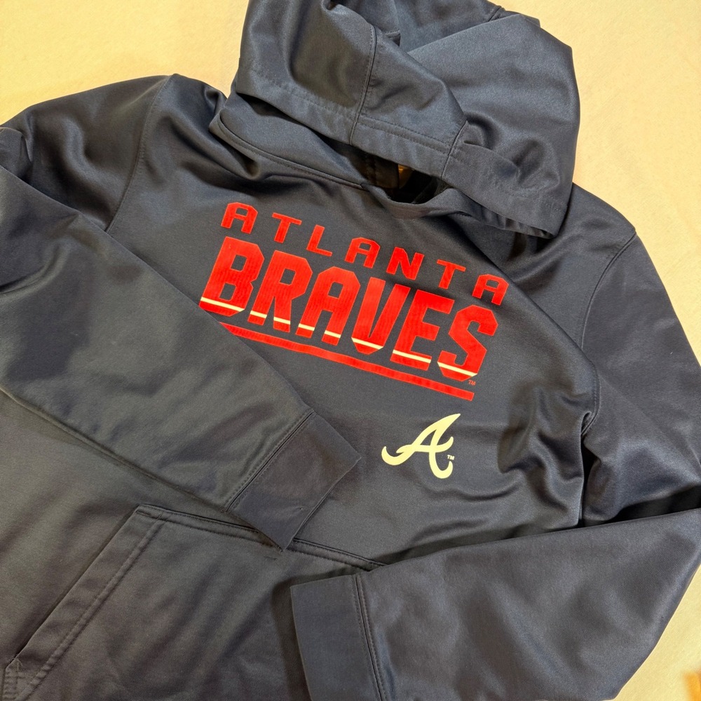 MLB Atlanta Braves Genuine Merch Hoodie Boys L Navy Blue Fleece Pullover Sporty